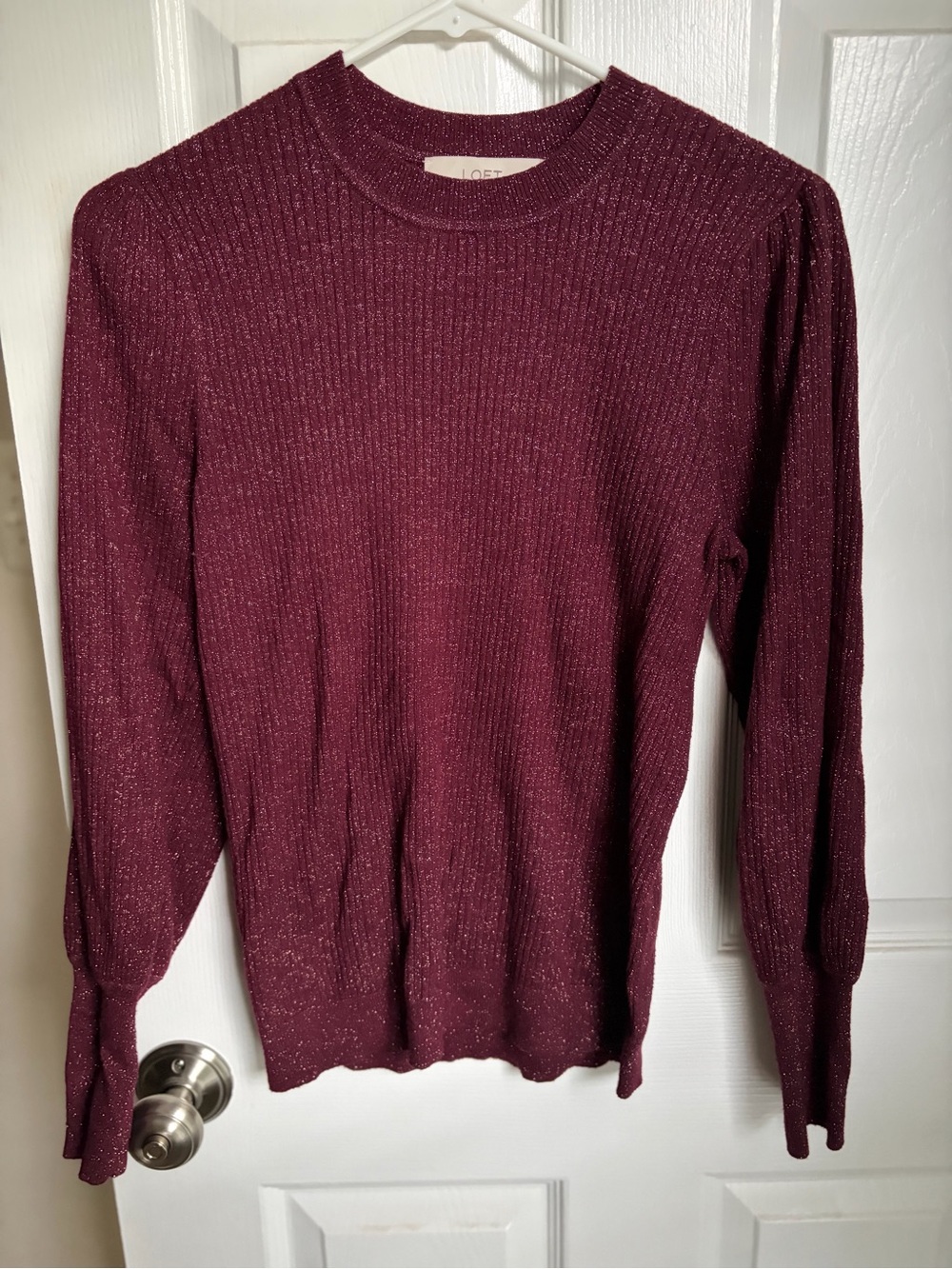 LOFT Sparkle Ribbed Crewneck Sweater — Wine Plum